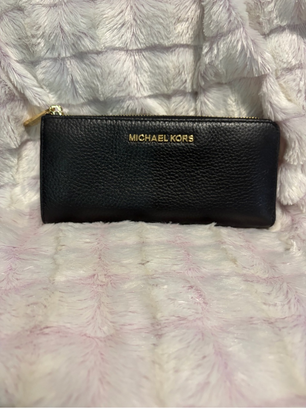 Michael Kors Black Leather Zip Clutch Wallet with Gold Logo